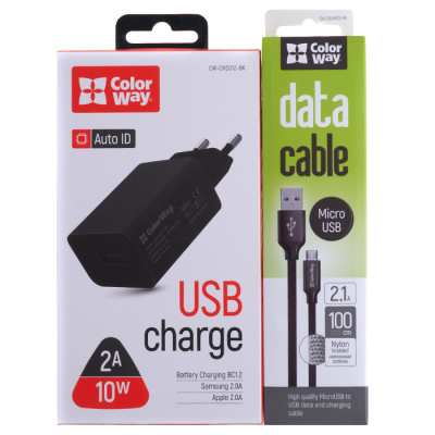 Зарядний пристрій Colorway CW-CHS012-BK, USB 1, 3.4A, 2A, 10 Вт, 5 В, з USB кабелем - інтернет-магазин запасних частин для телефонів та електроніки MaxService